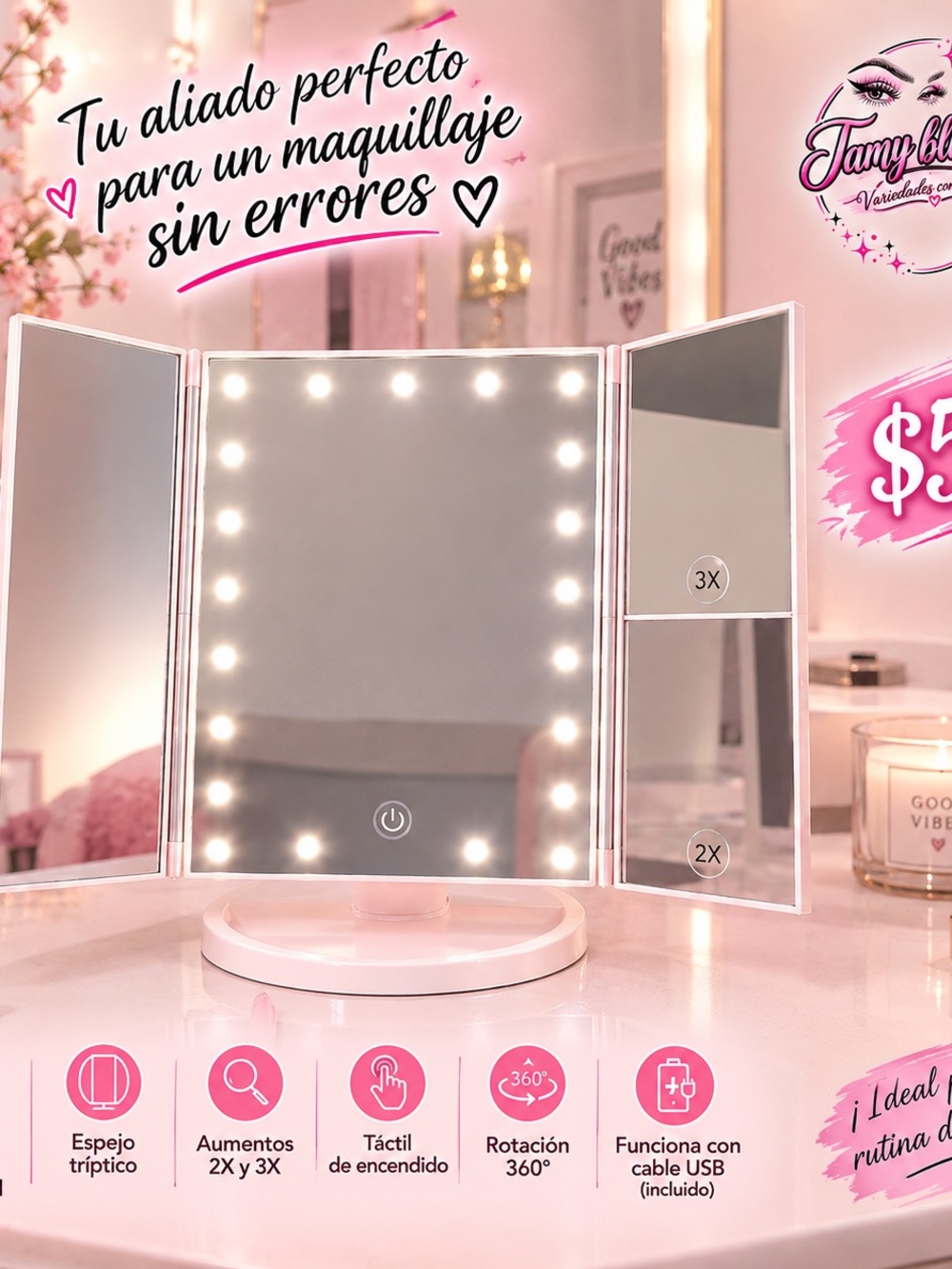 Vanity LED Makeup Mirror - Pink